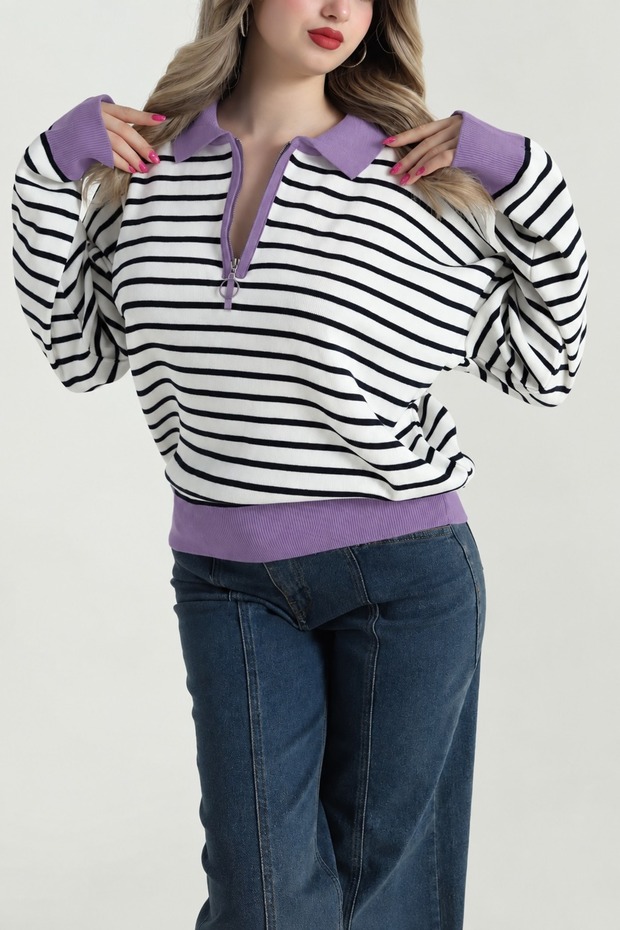 Striped Collar Women's Knitwear Sweater