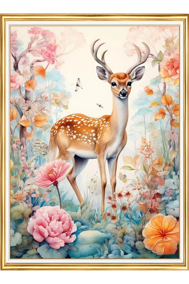 Diamond painting puzzle kit, spotted deer in the flower forest 30x40 cm mosaic