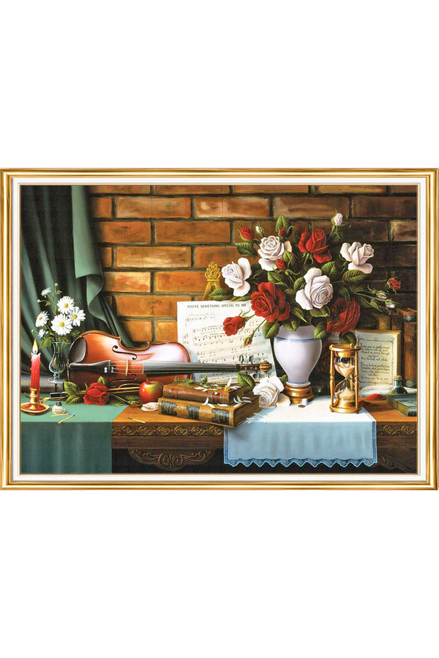 Diamond painting puzzle kit, classic still life with violin and roses 30x40 cm mosaic
