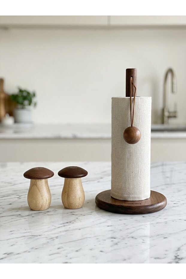 Natural Wood Cork Design Salt Shaker, Pepper Shaker and Roll Paper Towel Holder Set