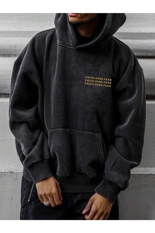 Faith over Fear Printed Hooded Oversize Black Sweatshirt Unisex Hoodie