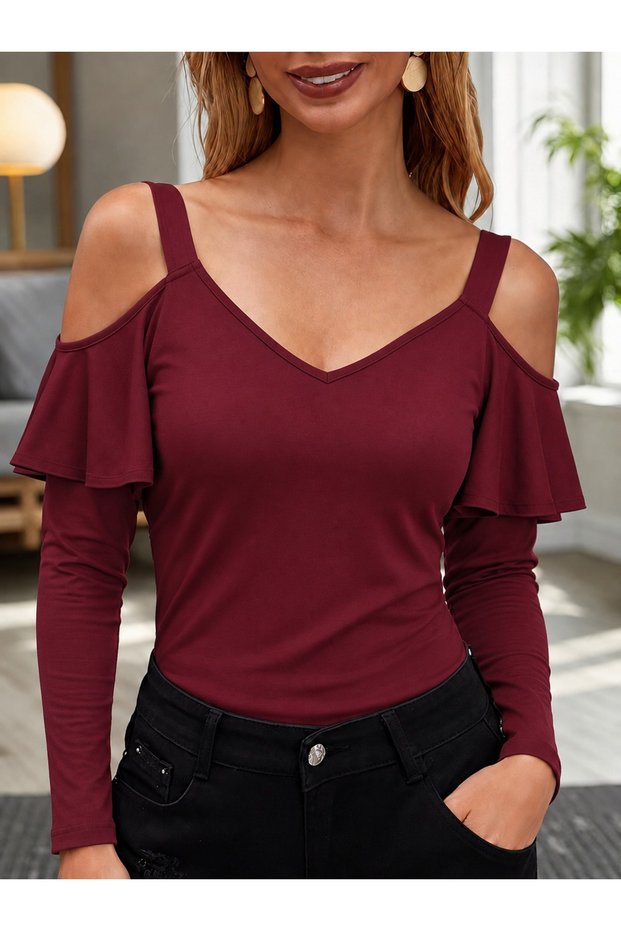 Women's Long Sleeve Open Shoulder Strappy Ruffle Viscose Blouse