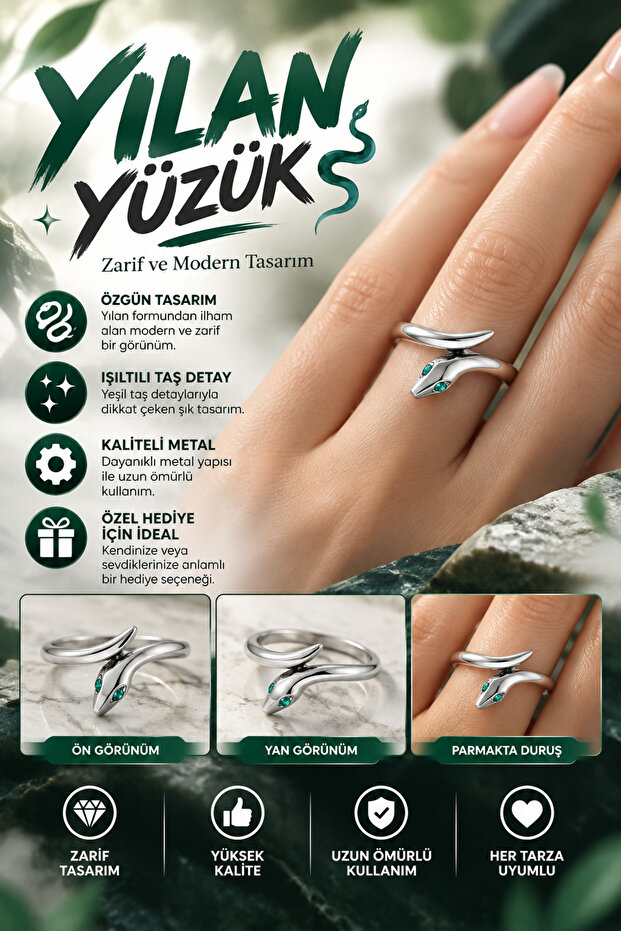 Snake Ring – Adjustable Silver Color Women's Ring with Green Stone Detail