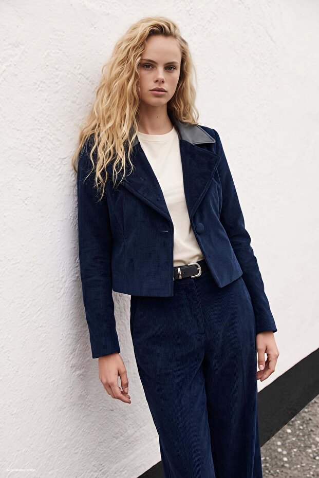 Slim Fit Velvet Jacket - Navy Blue