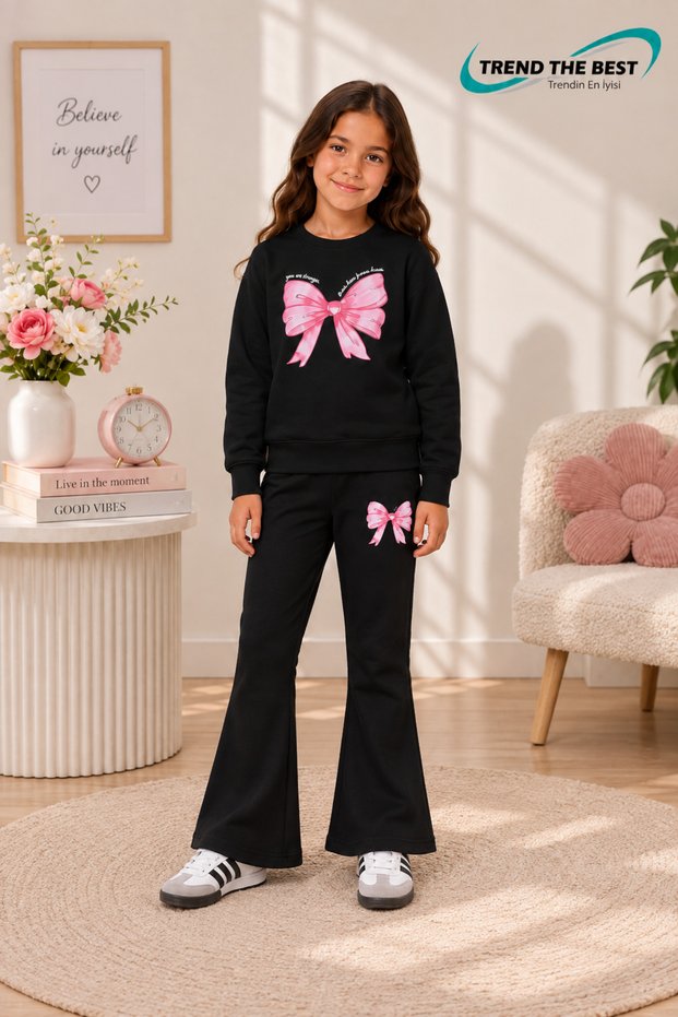 Winter, Spring, and Autumn Girls' Black Spanish Flared Bottoms and Black Sweat Top