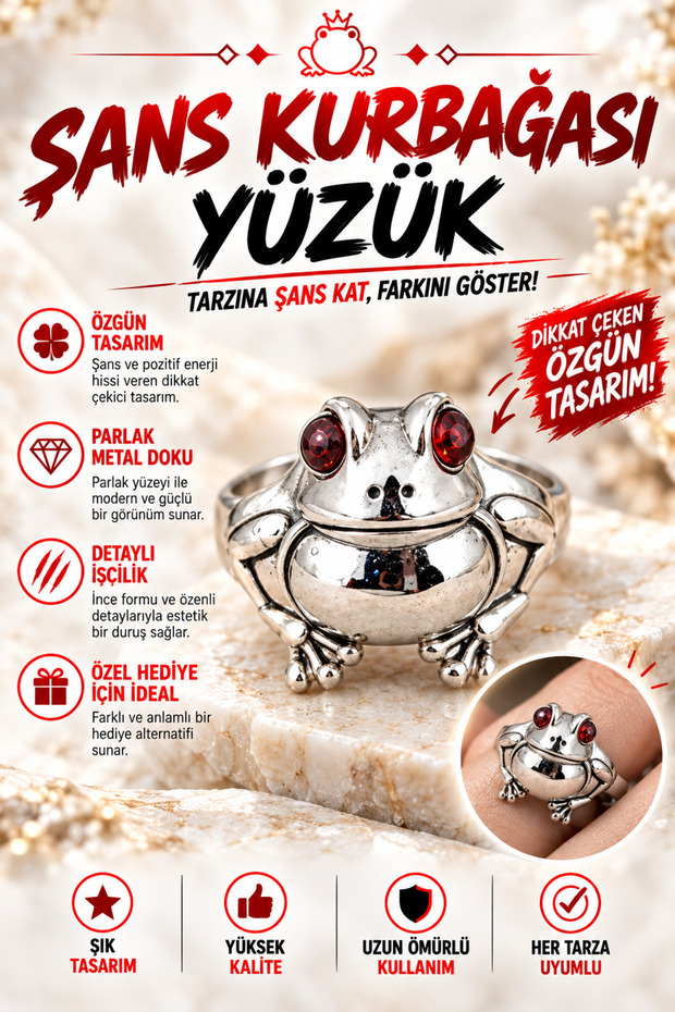 Lucky frog ring – silver color figured ring with red stone eyes