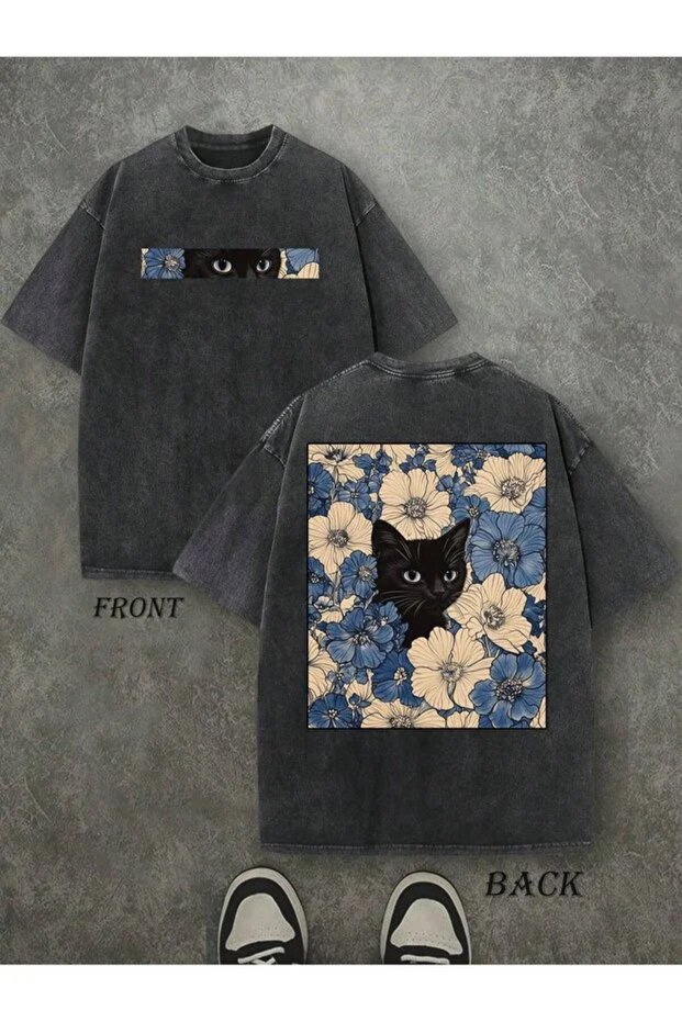 Washable Vintage Black Oversize Floral and Black Cat Printed T-Shirt