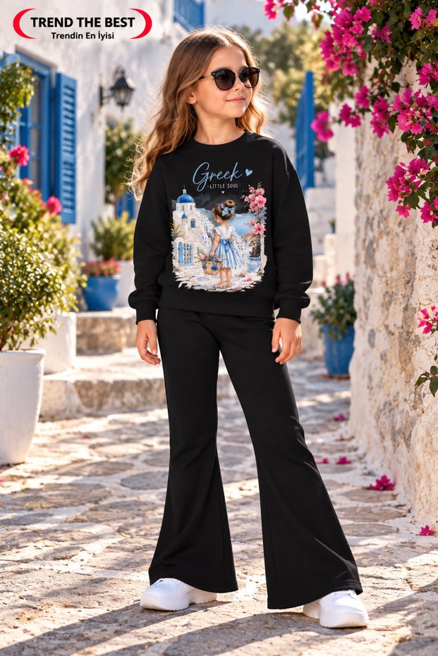 Winter, Spring, and Autumn Girls' Black Spanish Flared Bottoms and Black Sweat Top