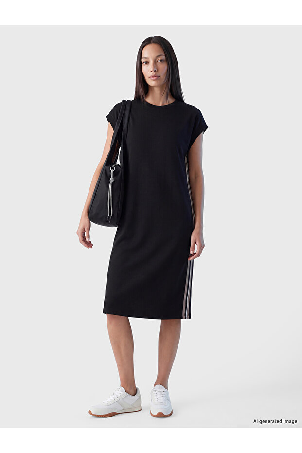 Two Mt Shop Quality Lcw Everyday Black Diving Fabric Plain Oversize Oval Neck Midi Dress