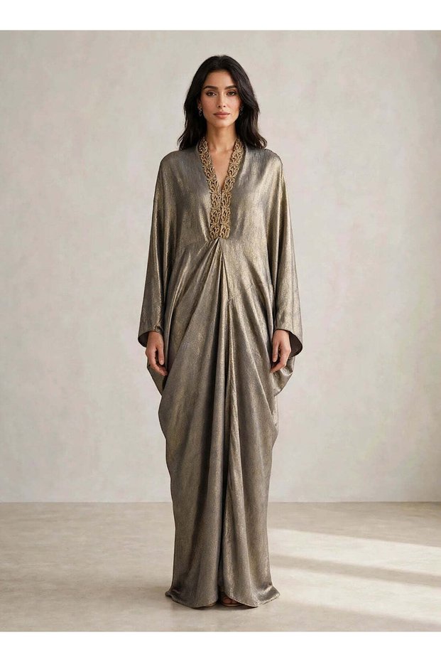 Shimmer Drape Kaftan — Steel Grey with Gold Handwork |