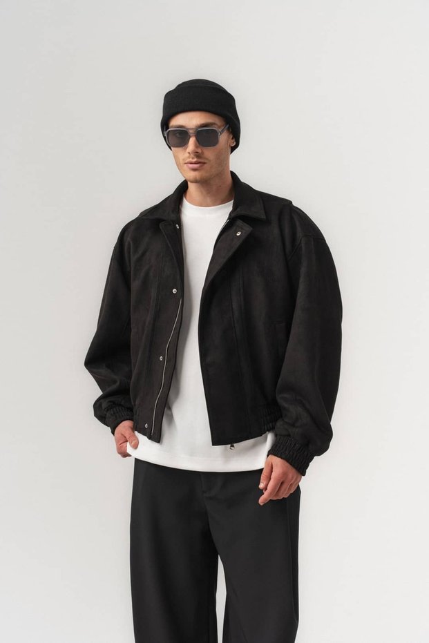 Suedelock Leather Men's Coat with Snap Closure Detail on Zipper