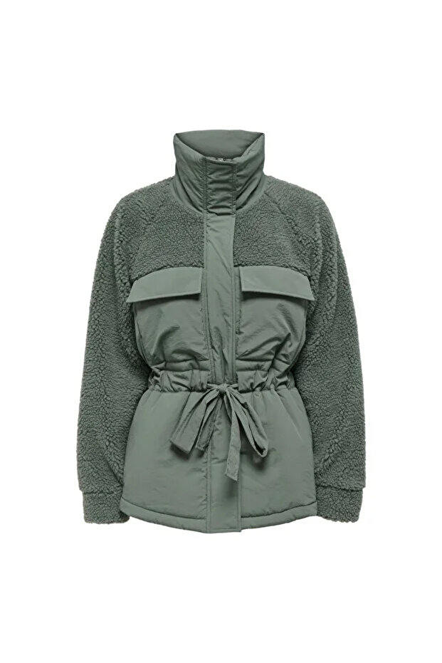 Women's Plush Coat with Stand Collar, Zipper, Waist Tie, Pockets and Teddy Detail, Winter Jacket