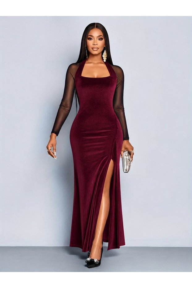 Women's long sleeve geometric collar detailed tulle slit long velvet dress