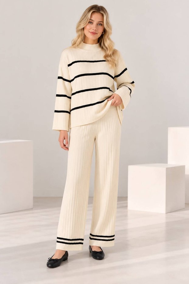 Women's comfortable fit knit set with striped detail - 2 piece