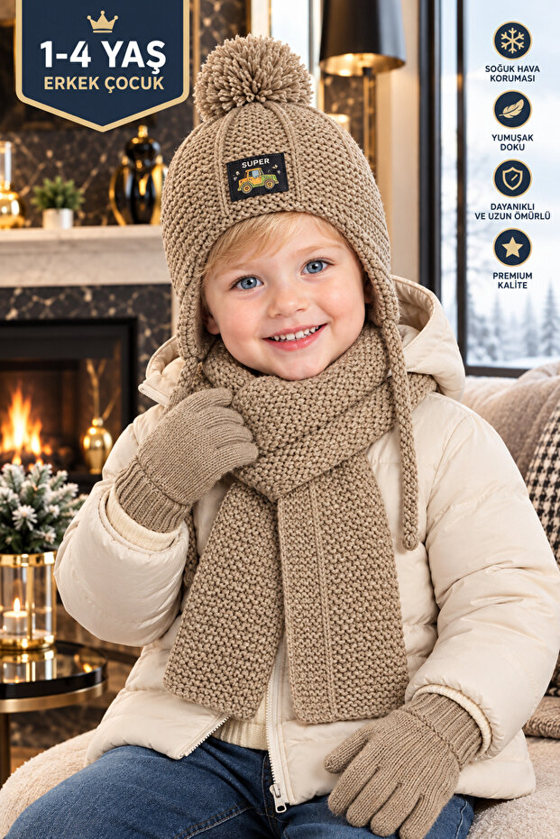 Lux 1-4 Year Old Children's 3-Piece Winter Set: Pompom Beanie, Scarf and Gloves Premium