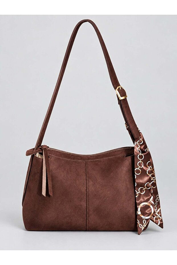Brown Suede Women's Shoulder Bag with Scarf Detail and Adjustable Strap and Zipper Closure