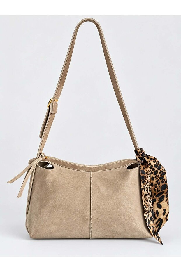 Mink Suede Women's Shoulder Bag with Scarf Detail, Adjustable Strap and Zipper