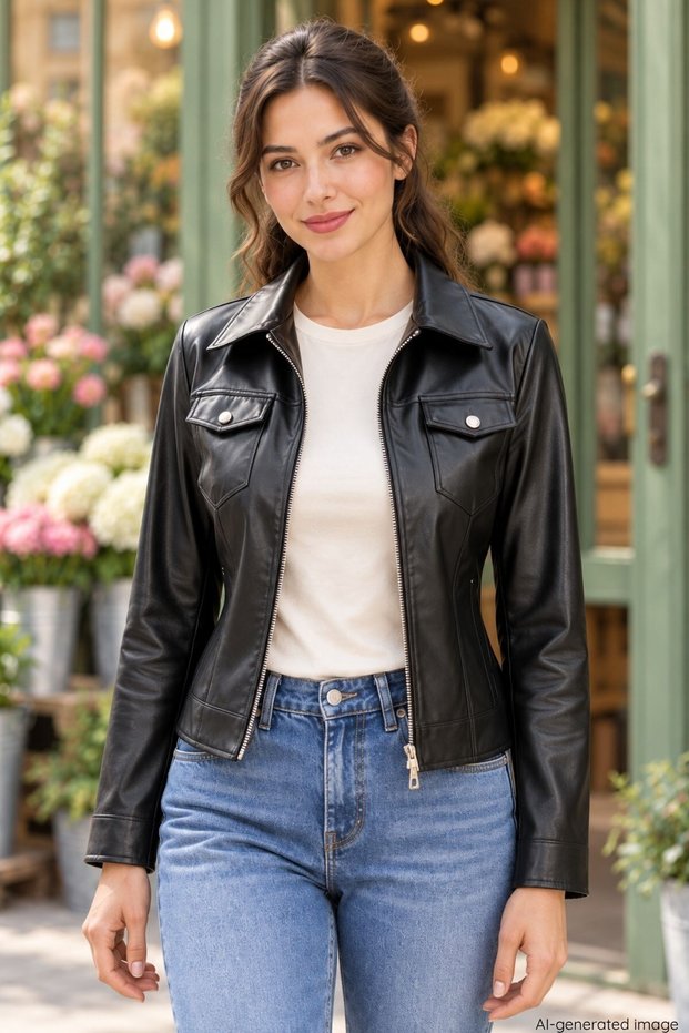 Zippered Short Leather Jacket - Black