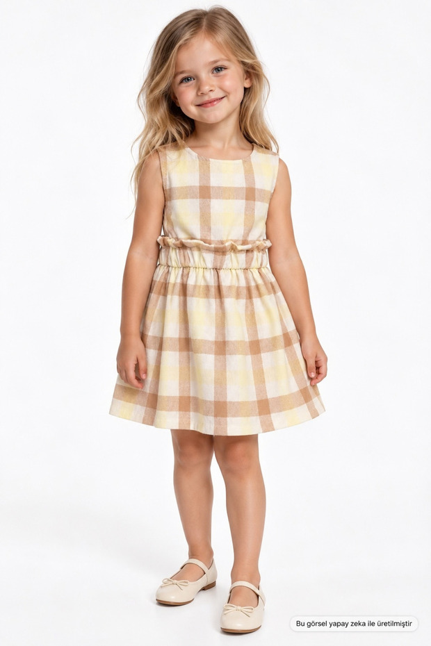 Girl's Jumpsuit with Plaid Pattern and Elastic Waist