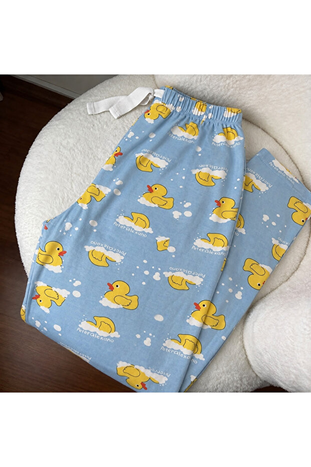 Duck Patterned Elastic Waist Cotton Comfortable Cut Blue Pajama Bottoms