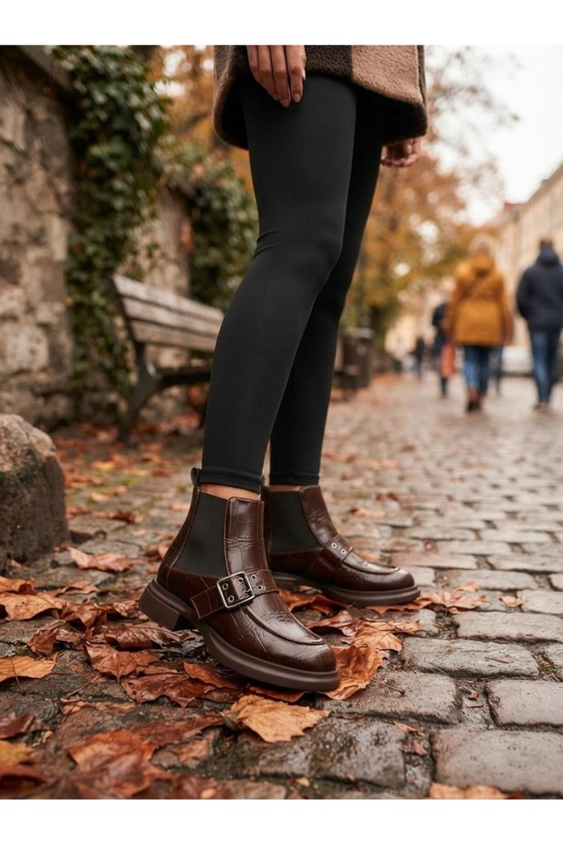 Brown Croco Belted Women's Casual Boots Kloya