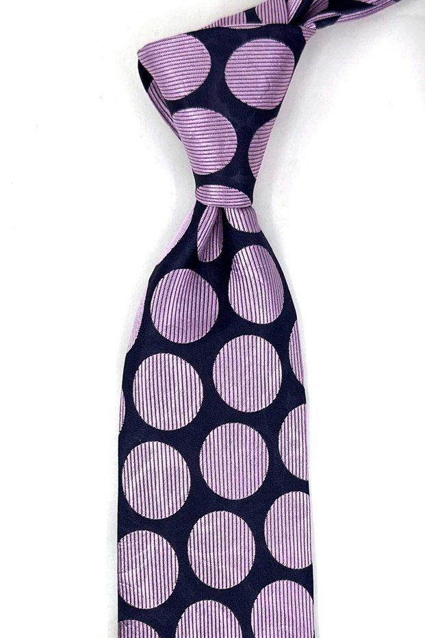 Navy Blue Pink Polka Dot Pattern Italian Silk Tie Ik2611