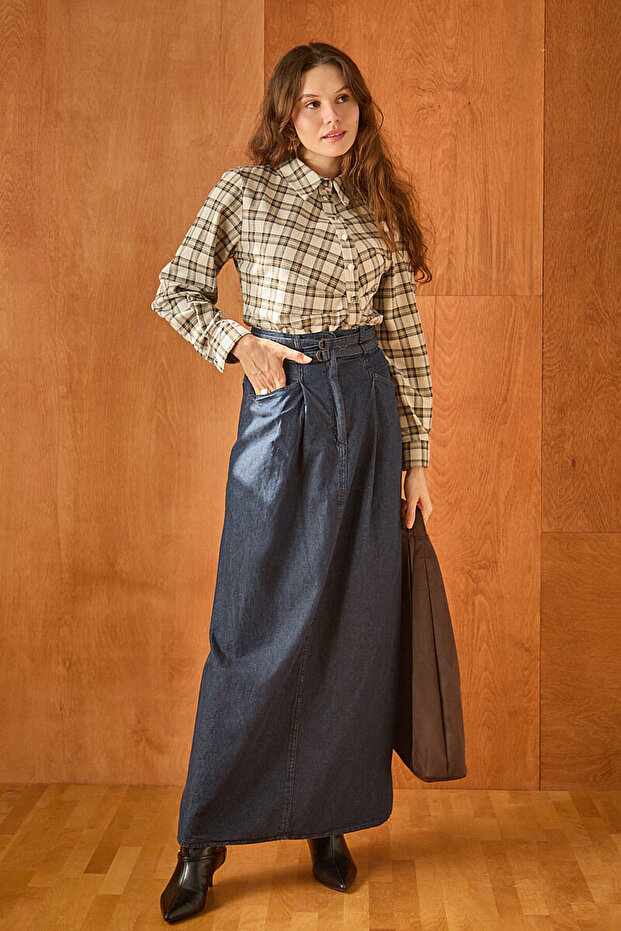 Double Belted Denim Skirt Dark Blue