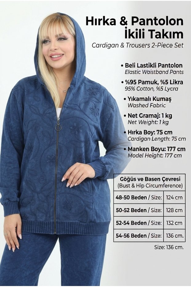 Women's Plus Size Washable 95% Cotton Cardigan Pants Zipper Suit Hooded Embroidered Pocketed - Mother Seasonal - Knitwear Detailed Two-Piece Tracksuit Full Fit