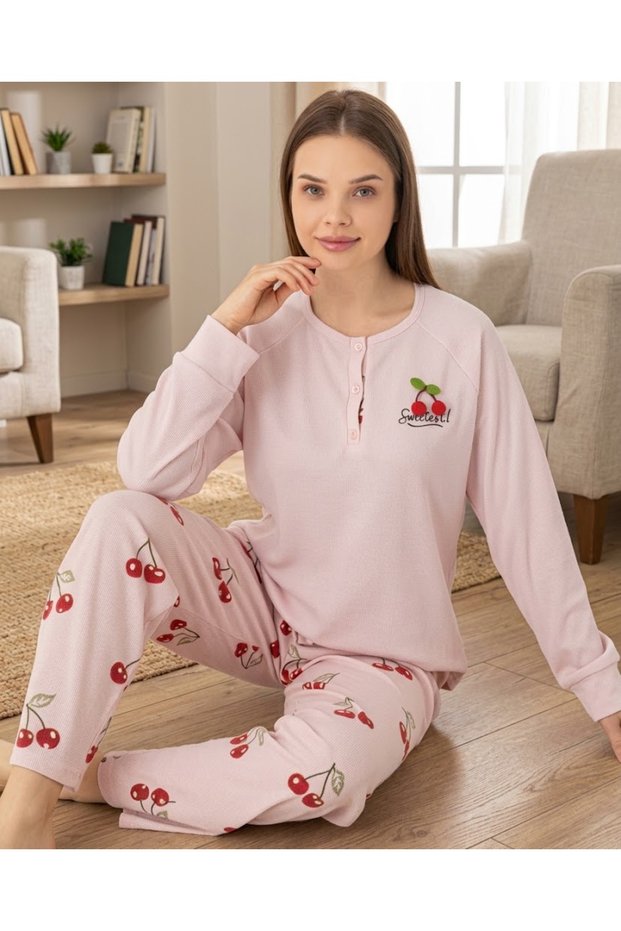 Women's Long Sleeve Three-Button Collar Cuff Detail'Sweetest' Printed Cherry Pattern Waffle Fabric 100% Cotton Pajama Set