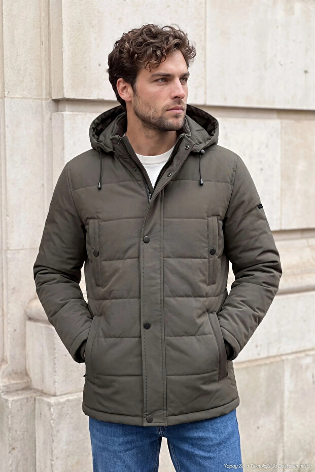 Men's Winter Khaki Coat with Hood, Bonded Fabric, Classic Fit - M005
