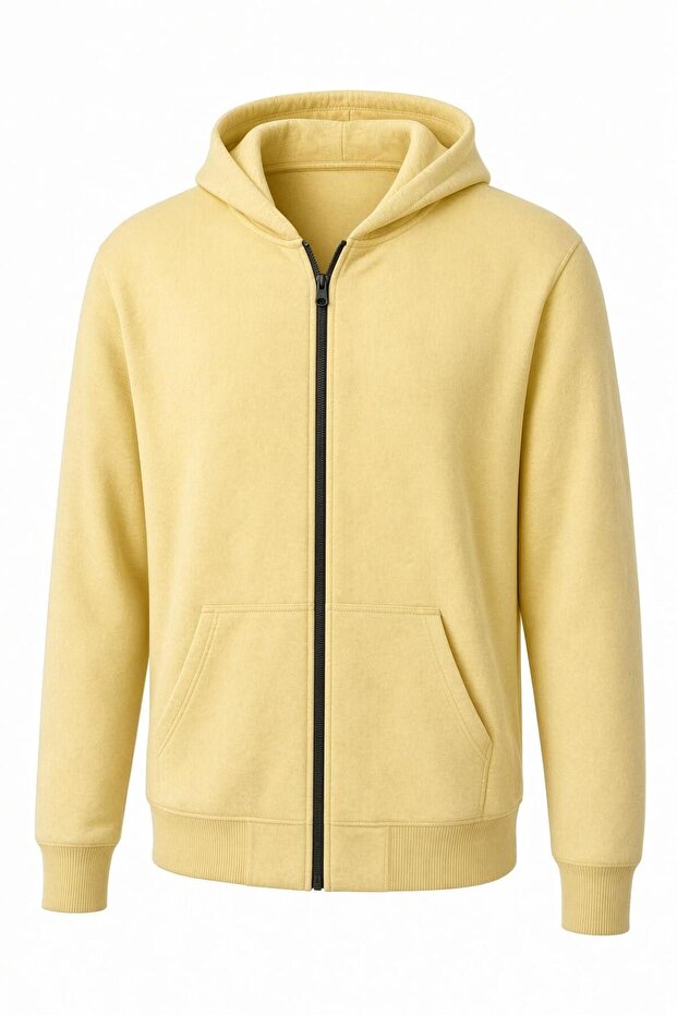 Moxy Unisex Zippered Hooded Two-Thread Raster Sweatshirt Comfortable Fit Basic Cardigan with Kangaroo Pockets