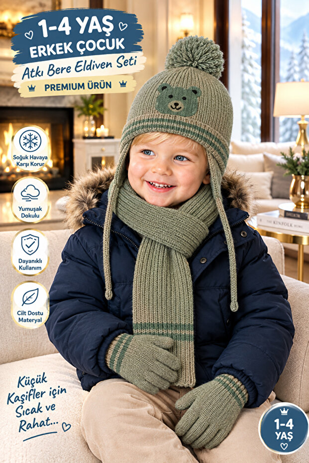 Lux 1-4 Year Old Children's 3-Piece Winter Set: Pompom Beanie, Scarf and Gloves Premium