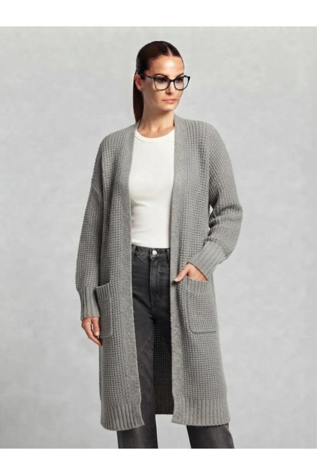Women's Gray Color Double Pocket Long Knitwear Cardigan