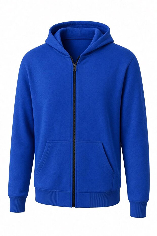Moxy Unisex Zippered Hooded Two-Thread Raster Sweatshirt Comfortable Fit Basic Cardigan with Kangaroo Pocket