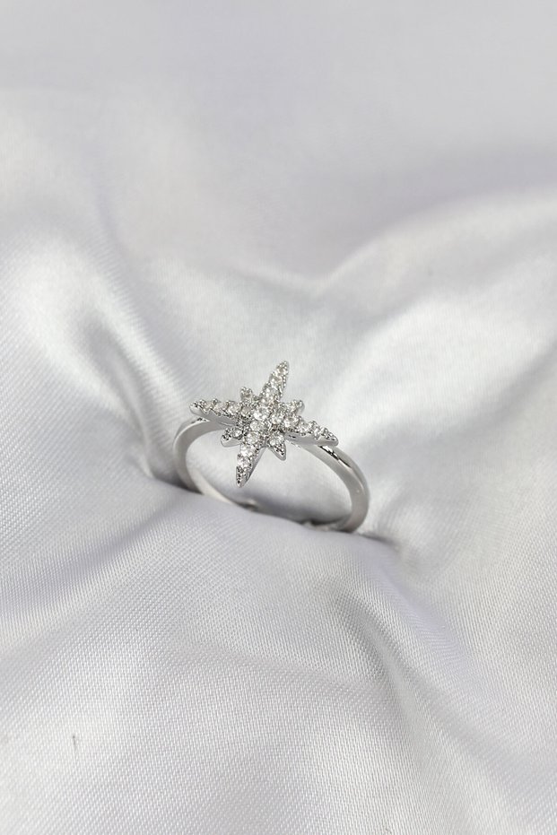 Brass Silver Color Pole Star Model Zircon Stone Women's Ring