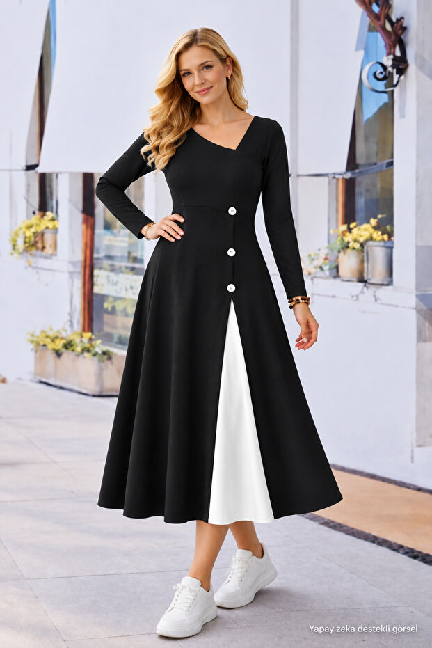 Women's Long Sleeve Asymmetrical Collar Button Detailed Midi Viscose Dress, Casual, Comfortable Dress