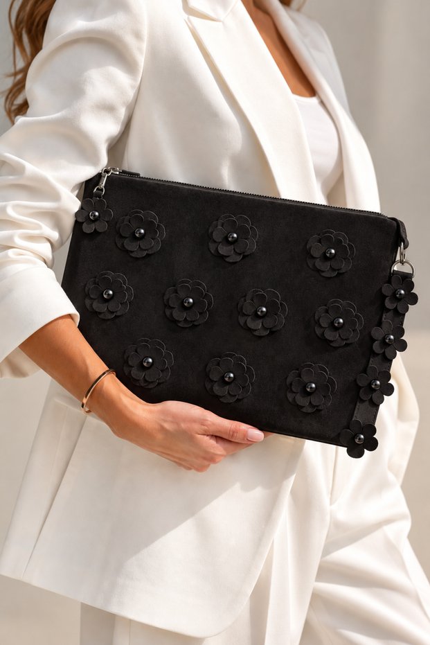 Alba Women's Suede Portfolio Bag 3D Floral Pearl Detailed Zippered Wrist Strap Clutch Handbag