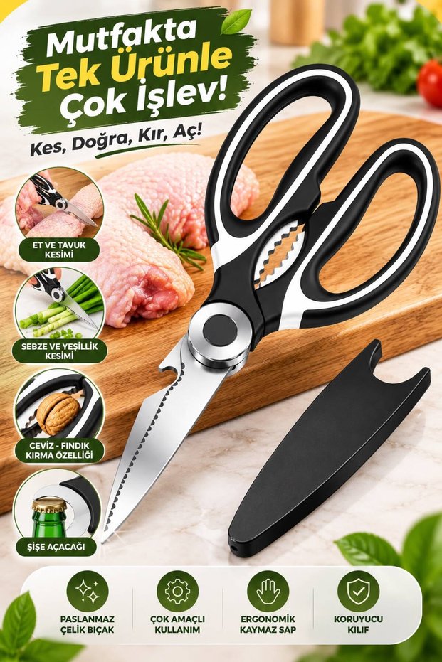 Multifunctional Professional Kitchen Scissors – Stainless Steel, with Walnut Cracker, Bottle Opener, and Protector