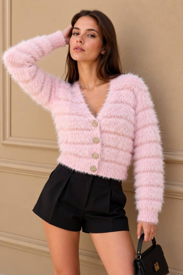 Women's V-Neck Plush-Looking Short Knitwear Cardigan