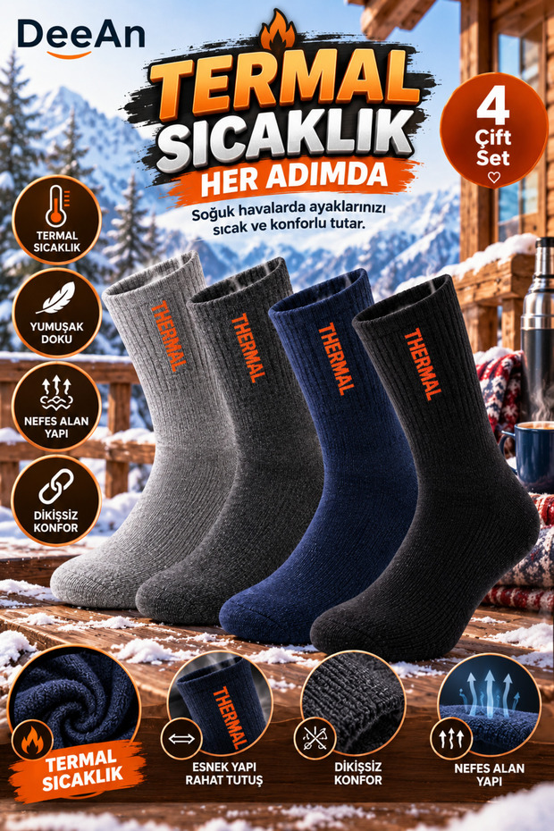 Men's 4-Pack Mixed Color Winter Thermal Wool Seamless Socks (Black-Anthracite-Navy Blue-Grey)