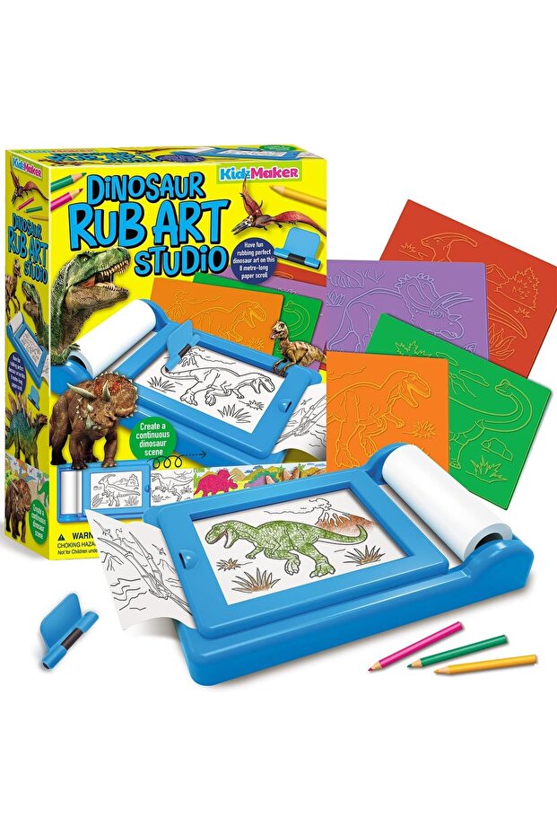 4M KidzMaker Dinosaur Rub Art Studio Craft Kit – 8m Continuous Dinosaur Scroll with Templates, Cray