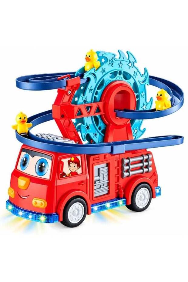 Kids Fire Truck Rescue Playset with Rotating Water Wheel & Duck Figures – Pretend Play Fire Engine