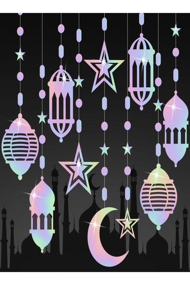 Ramadan Eid Hanging Decorations Set – Iridescent Moon, Lantern & Star Party Decor