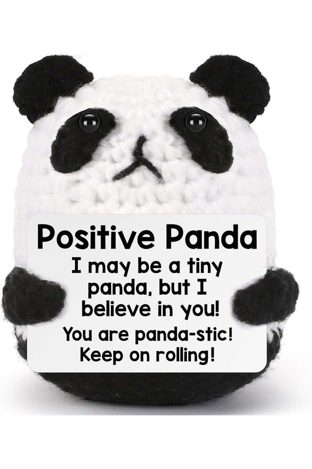 Happy Threads Positive Panda Plush with Inspirational Message Card, Handmade Crochet Emotional Supp