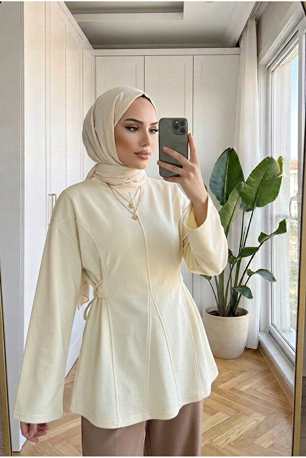 Women's Tie-Back Flounce Cut-Out Cuffed Hijab Tunic Blouse 70 cm