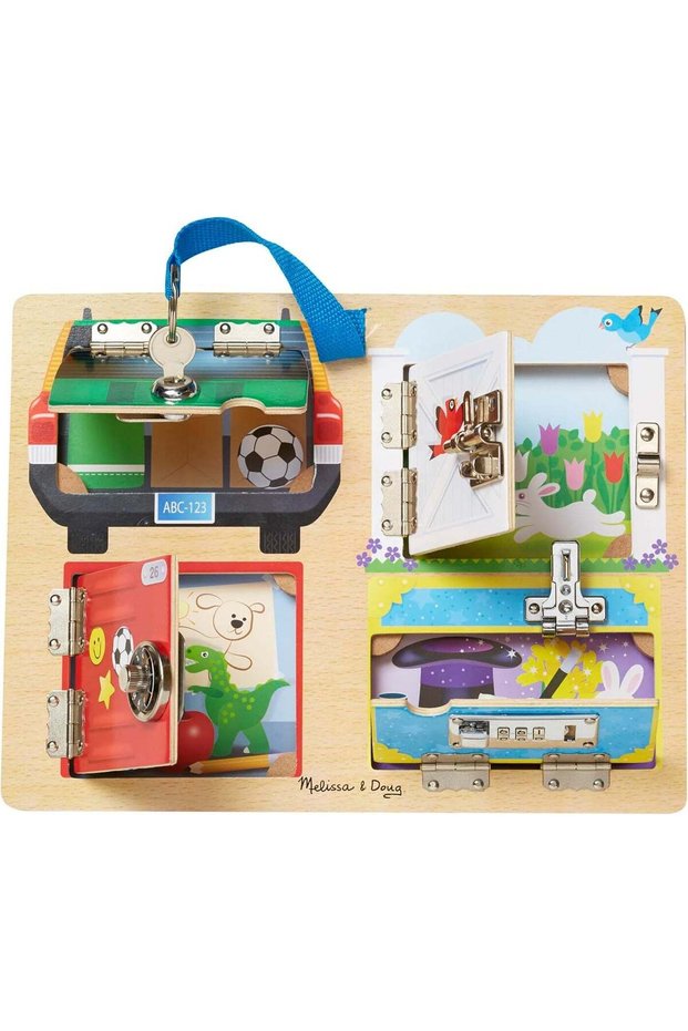 Locks & Latches Board – Wooden Activity Board with 6 Doors and Variety of Locks and Latches – Encou