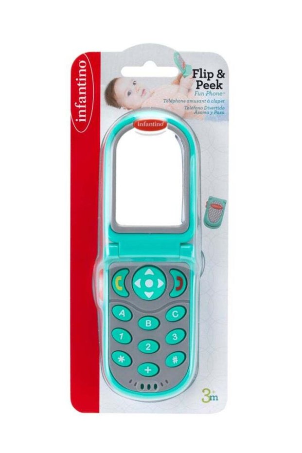 Infantino Flip & Peek Fun Phone Toy Teal 3M+ Bilingual Sounds Peek-A-Boo Mirror Easy Grip Baby Toy