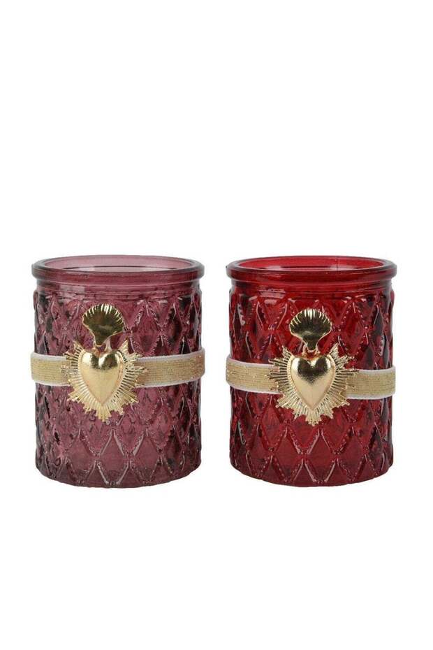 Kaemingk Tealight Holder – Glass Heart with Ribbon, Red, Christmas Holiday Decoration, Festive Xmas