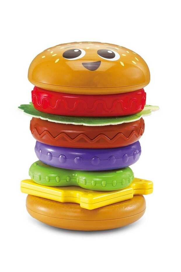 VTech Baby Build-a-Burger – Stacking & Sorting Toy with 6 Food Pieces, Shape Matching, Spinning & C
