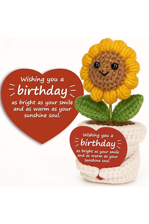 Happy Threads Birthday Sunflower Pot with Inspirational Message Card, Handmade Crochet Potted Flowe